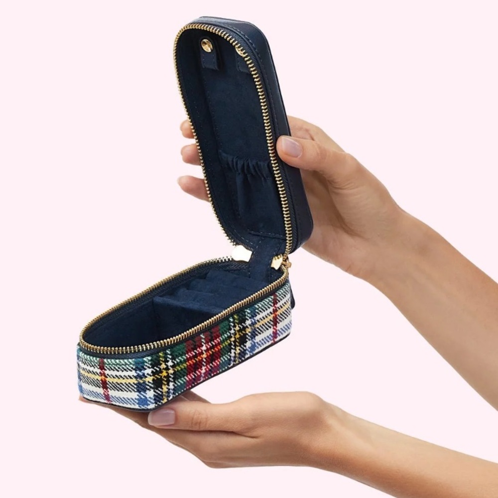 NWT Stoney Clover Lane Slim Jewelry Case Plaid Navy Blue Green Vegan Leather